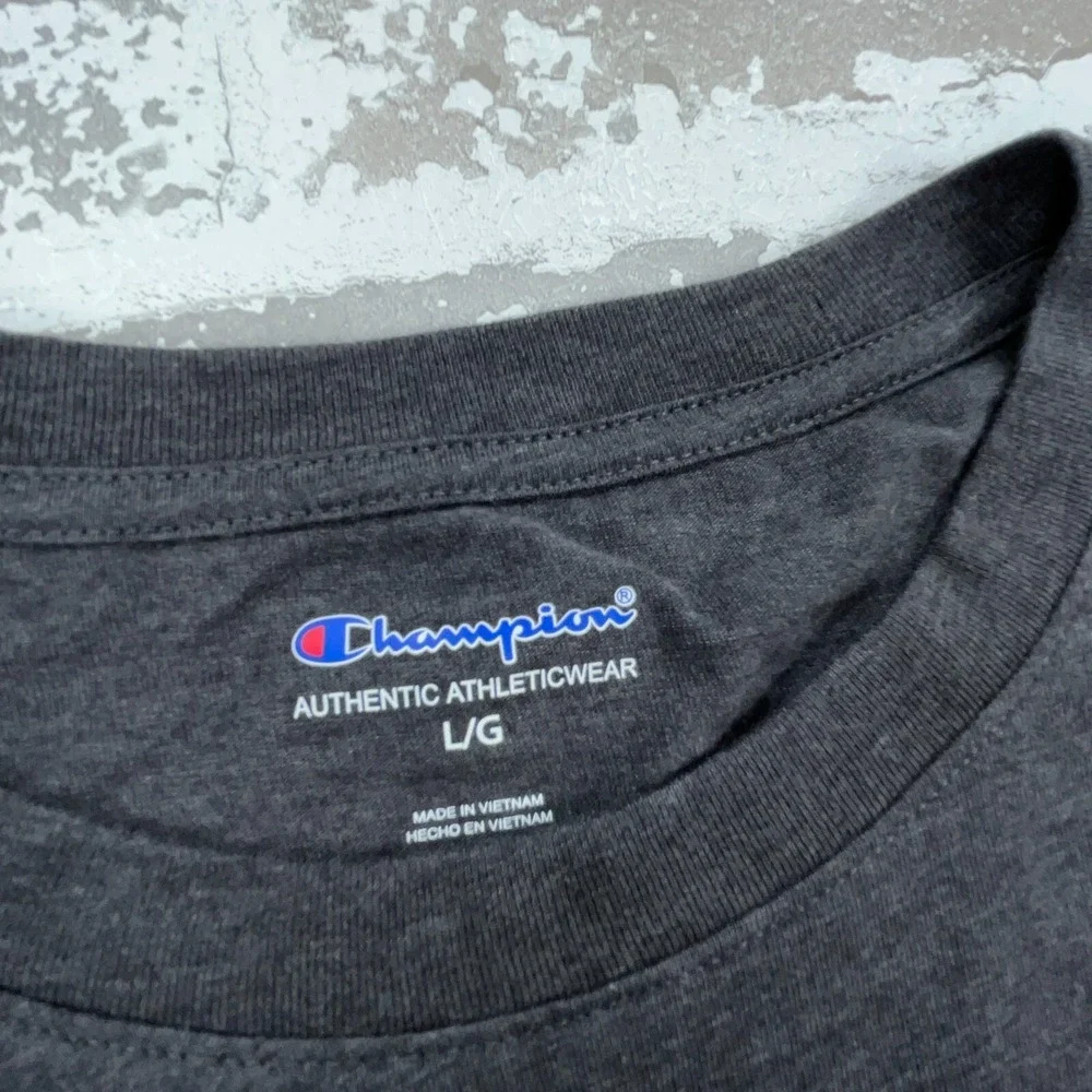 Champion Shirt Men Large Gray Blue Tee Spell Out Logo Basic Plain Adult Top - Picture 4 of 7